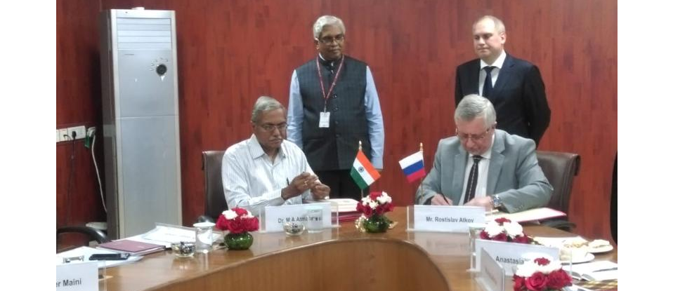 Memorandum of Understanding is signed by Dr. M A Atmanand, Director - NIOT and Mr. Rostislav Atkov, Deputy Director General, Krylov State Research Center, Russia in the presence of Dr. M. Rajeevan, Secretary, MoES and Mr. Oleg Ryazantsev, Deputy Mini